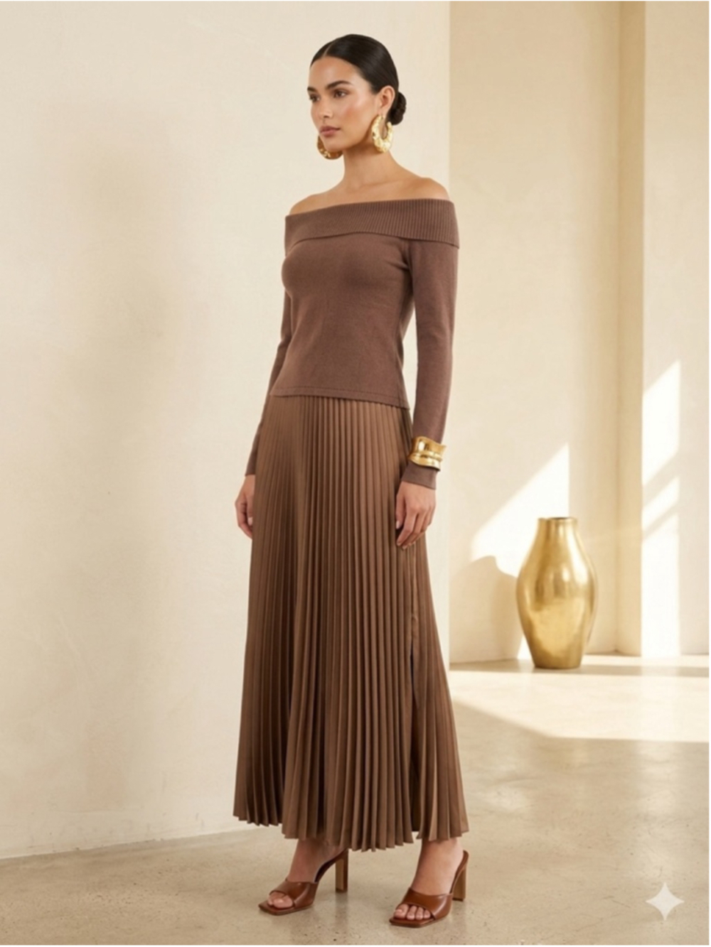 Petal + Pup Brown Off Shoulder Sweater Pleated Maxi Dress Knit Flare US Large L